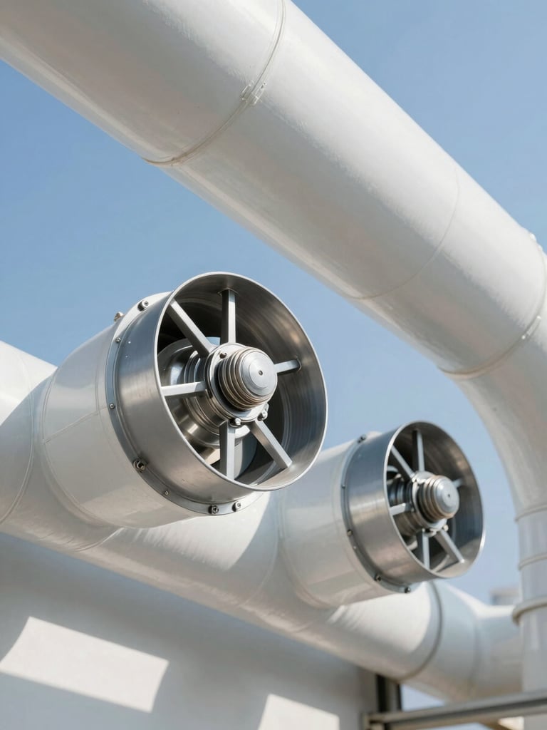 Macro photograph of clean commercial HVAC ductwork and damper actuators, bright daylight, sharp focus on metallic finishes.