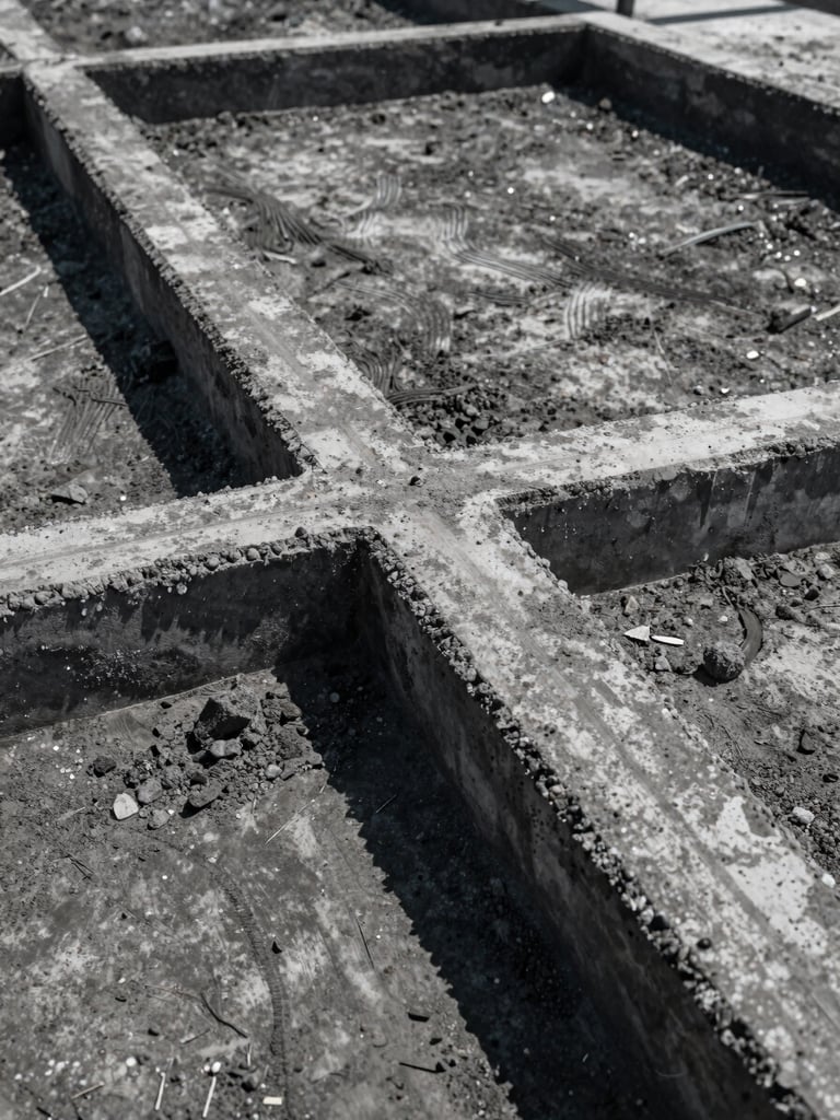 Extreme close-up of high-contrast troweled concrete joints on a massive structural foundation, bright hard daylight, rich charcoal tones