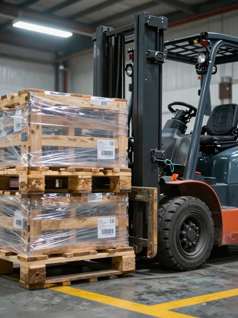 Close-up dock-level view of a forklift positioning a wooden pallet inside a warehouse bay, cool overhead fluorescent lighting, barcode labels visible on shrink-wrapped goods, concrete floor with yellow safety markings, operational industrial environment