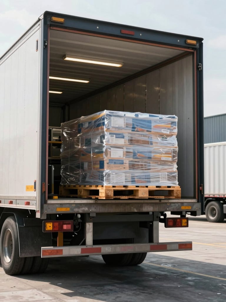 Dock-level perspective at a logistics facility loading bay, a curtainsider truck trailer being loaded with shrink-wrapped pallets via a dock leveller, natural daylight entering from the open dock door, overhead fluorescent lighting visible inside, no people, industrial operational scale