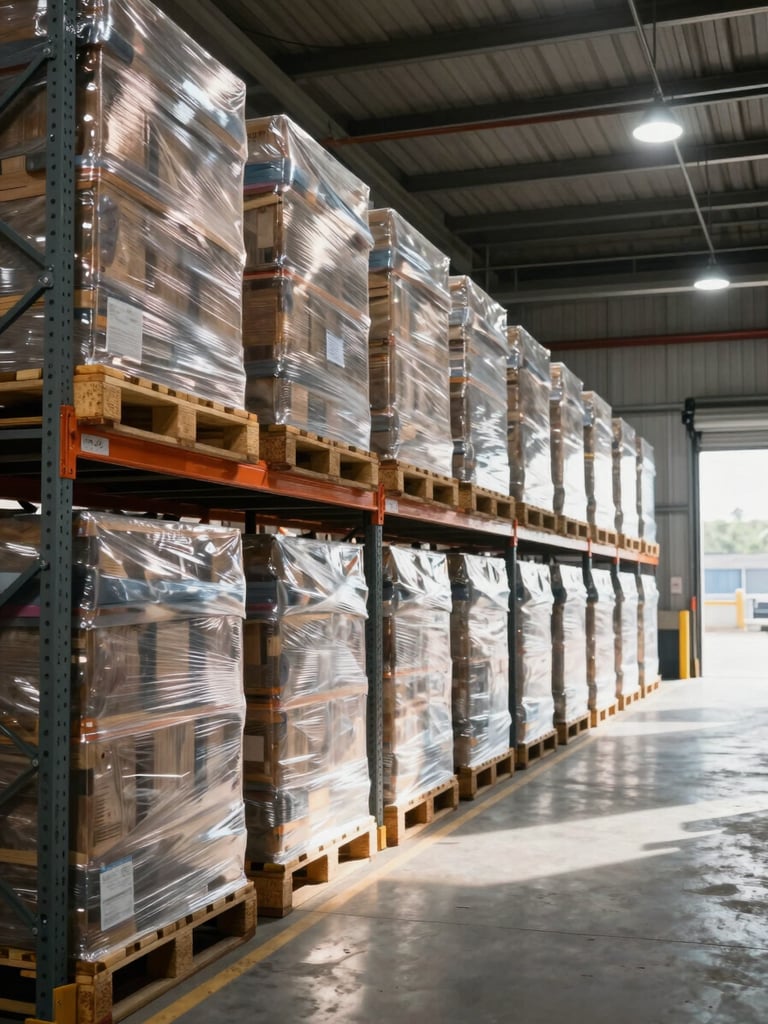 Wide panoramic view inside a large logistics warehouse, rows of shrink-wrapped pallets stacked two-high on heavy-duty racking extending into the distance, daylight streaming through loading dock doors on the right third, overhead warehouse lighting casting clean shadows on concrete floor, no people, operational industrial scale