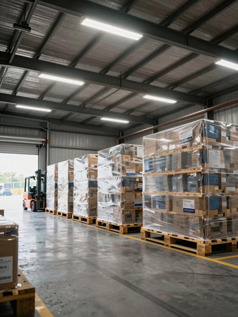 Wide-angle interior of a modern logistics facility, organized pallet bays with stretch-wrapped goods under bright overhead fluorescent lighting, loading dock doors partially open revealing daylight, forklift tracks visible on the floor, no people