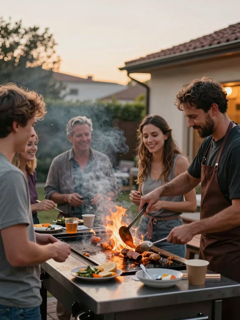 Medium shot of a lively backyard patio at golden hour, guests gathered around a smoking flat-top grill, a chef mid-action tossing food, warm orange firelight illuminating smiling faces.