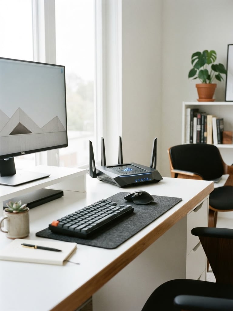 Modern minimalist home office with clean white desk, high-end router with glowing blue status lights, bright natural daylight, 35mm photography