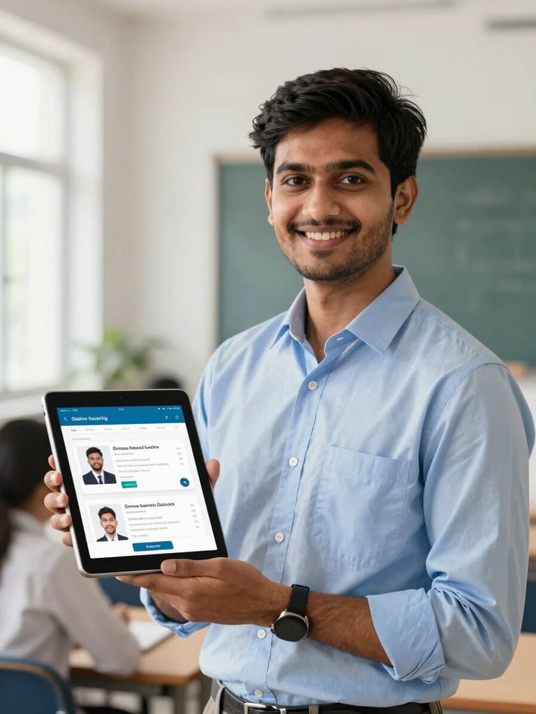 A professional Indian student smiling confidently, holding a tablet showing online learning modules, bright natural light, professional academic setting, 35mm lens