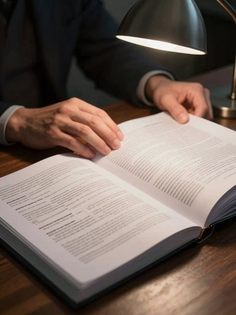 Close-up of hands resting on an open legal binder, pages dense with regulatory text, desk lamp casting a focused pool of light onto the document surface, dark background receding behind