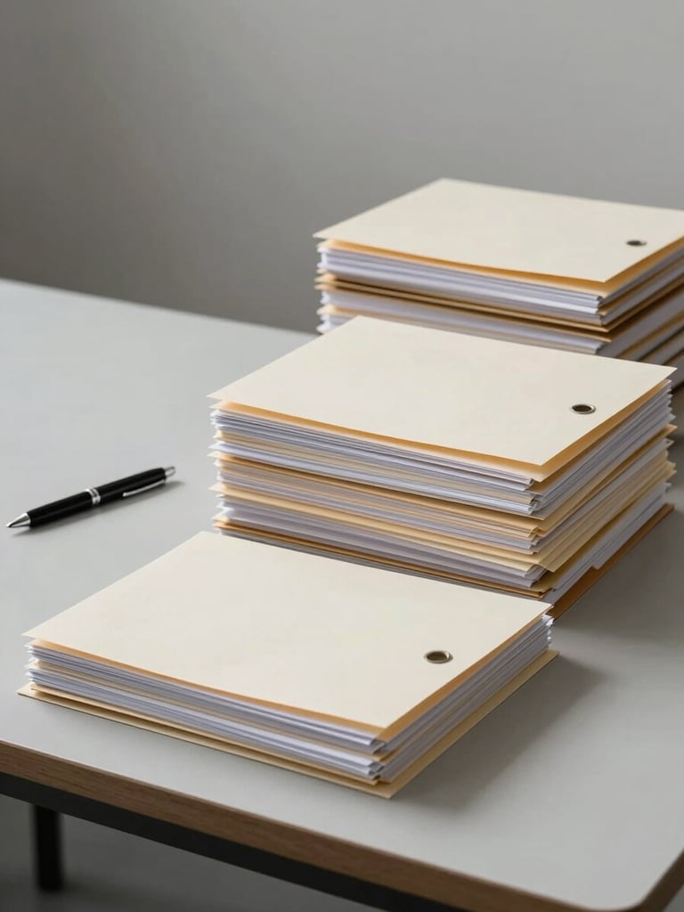 Wide environmental shot of an organized professional desk with stacked folders and a pen to the left third, soft overcast studio light, off-white and grey tones, no people