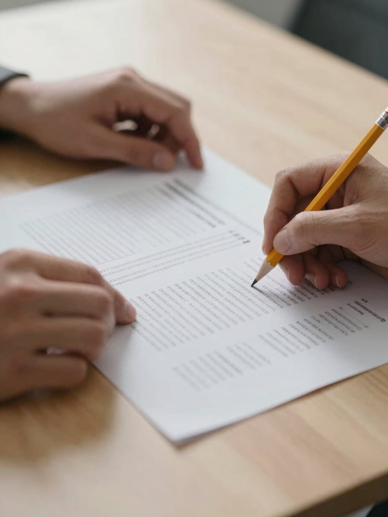 Detail shot of two hands reviewing printed policy pages on a light wood desk surface, a pencil marking a line item, soft diffused overcast light from the left, no faces visible