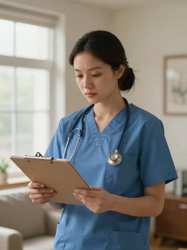 A medium shot of a registered nursing supervisor reviewing a care chart on a clipboard in a warm, clean home interior, soft daylight filtering through a window.