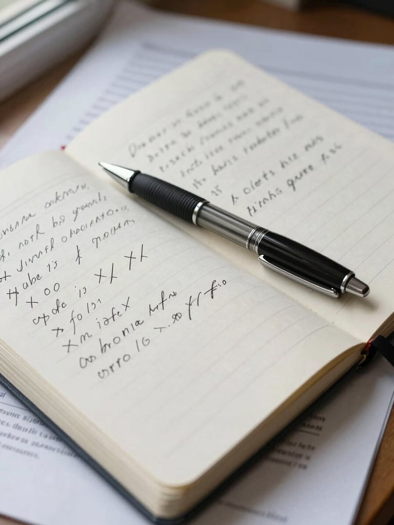 Close overhead shot of a worn notebook open to a page covered in handwritten cross-outs and margin notes, a ballpoint pen resting diagonally across the page, scattered paper documents visible at the edges, natural window light from the upper left