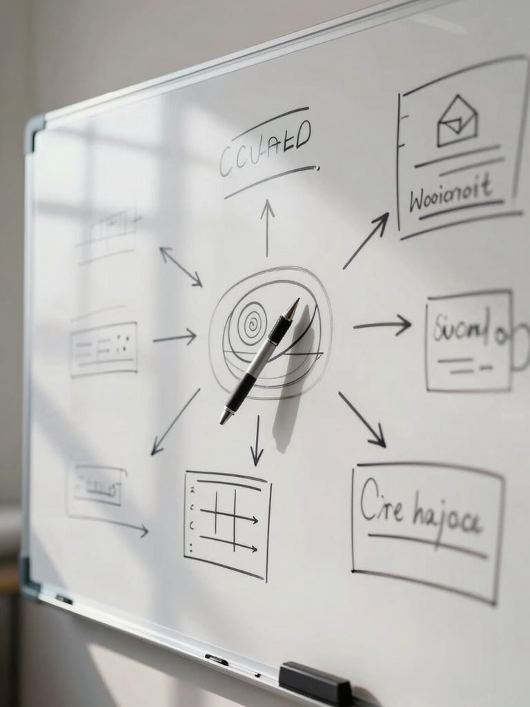 Overhead close shot of a whiteboard covered in rough hand-drawn diagrams and annotated arrows, a pen resting mid-sketch on the surface, natural office window light casting soft shadows, no faces, focus on the marks and the thinking they represent