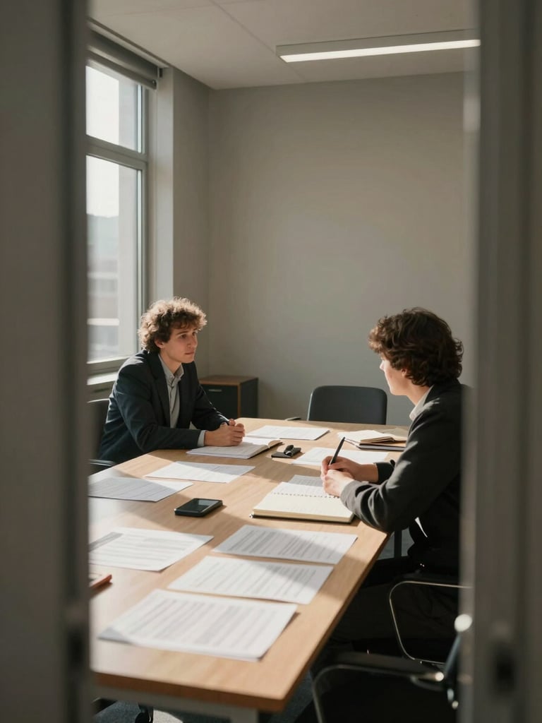 Wide environmental shot of a sparse office meeting room, two people mid-conversation across a table covered with printed documents and open notebooks, natural daylight streaming through tall windows on the left, warm gray walls, no faces visible, framed from the doorway