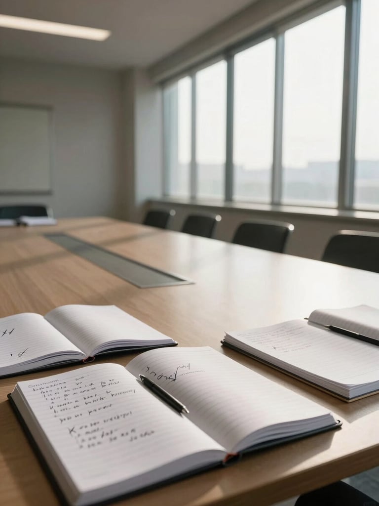 Wide environmental shot of a sparse conference room at early morning, notebooks open with handwritten cross-outs and margin notes spread across a long table, natural daylight streaming through tall windows on the right, no people, quiet purposeful stillness