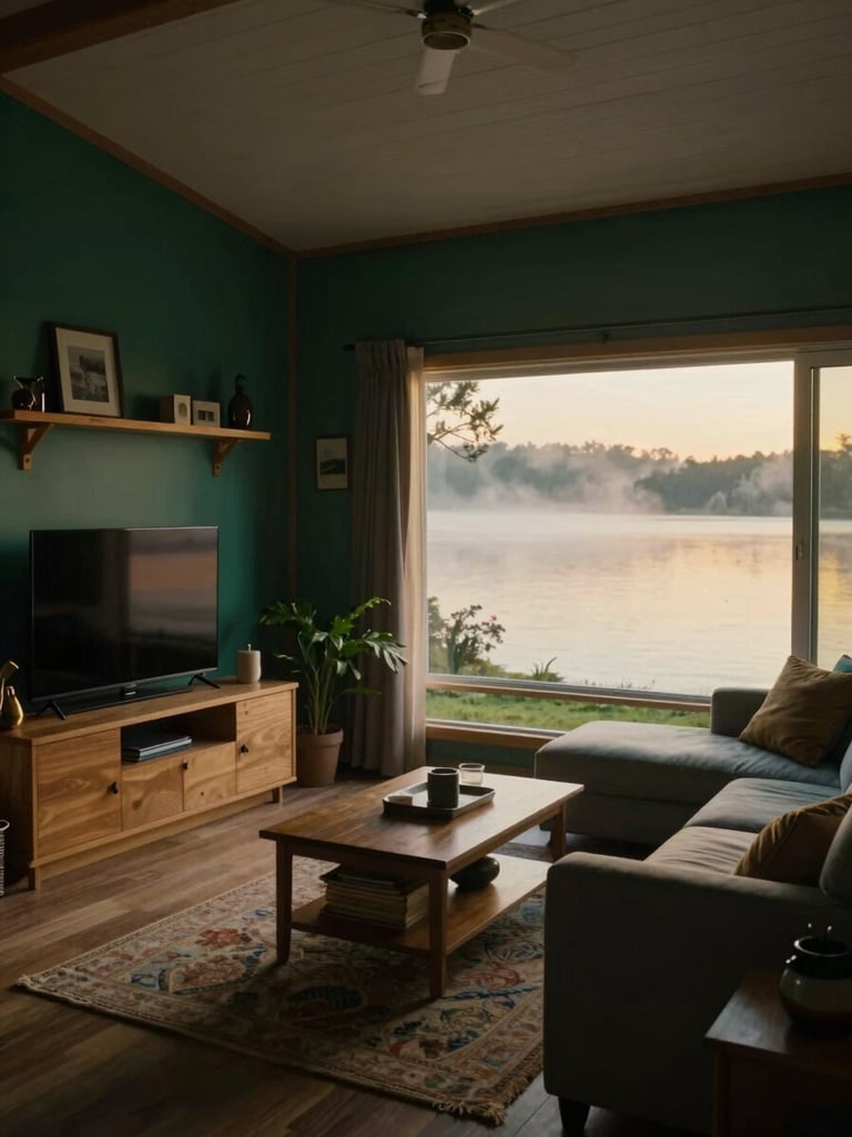 Interior shot of the spacious living area in the Deluxe Family AC cottage, showing comfortable seating, modern entertainment, and a large window overlooking the lake, with soft, warm lighting.