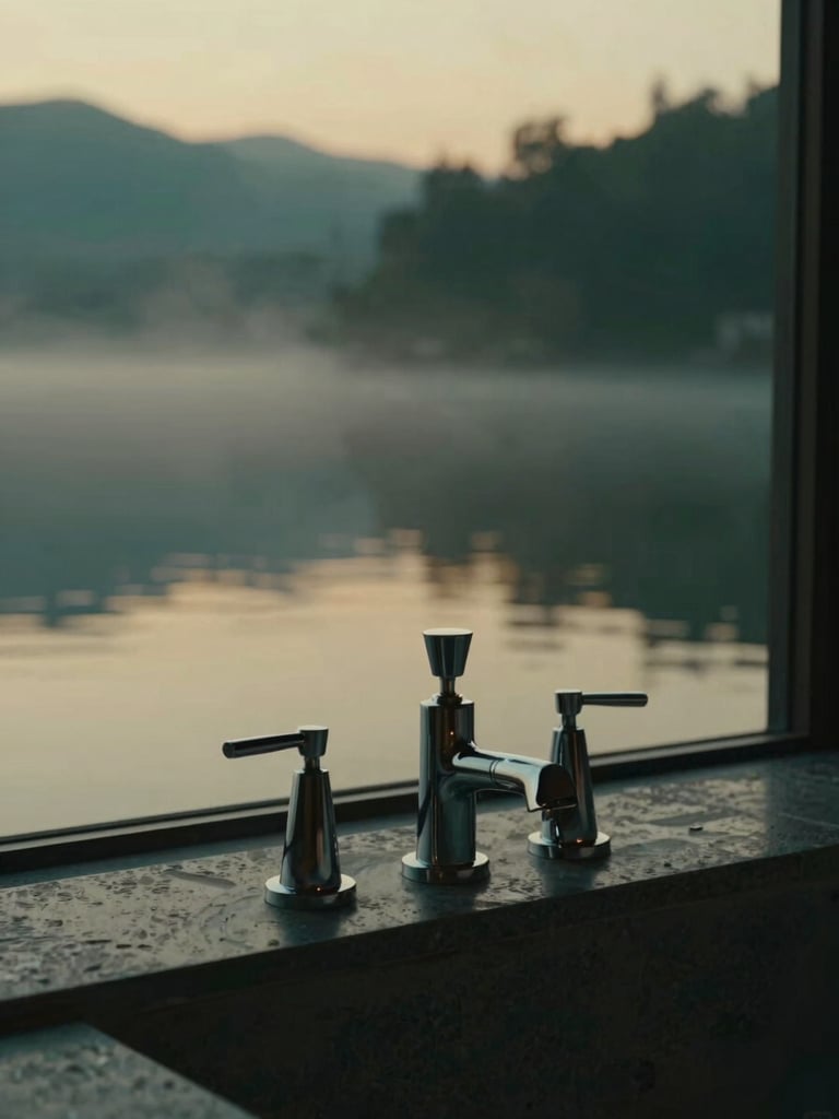 Close-up cinematic editorial photograph of luxury bath fixtures in a King Room Villa, featuring polished chrome, dark stone, and a subtle reflection of a misty lake view. Soft, moody twilight lighting with deep emerald and gold tones.