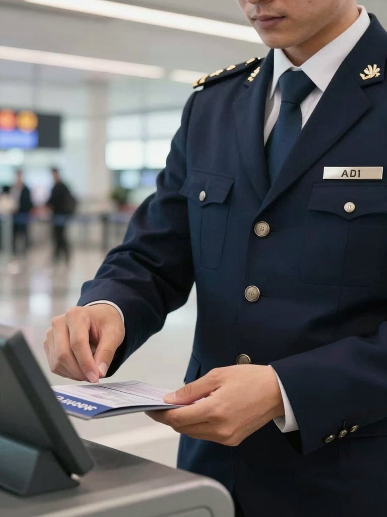 A close-up shot of a student in a tailored navy uniform practicing boarding pass verification at a mock airport boarding gate, bright terminal lighting.