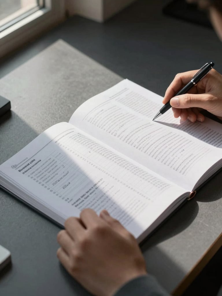 Close-up of hands turning pages of a printed market report on a dark charcoal desk surface, early morning window light from the left casting long cool shadows across the document, a pen resting beside annotated figures