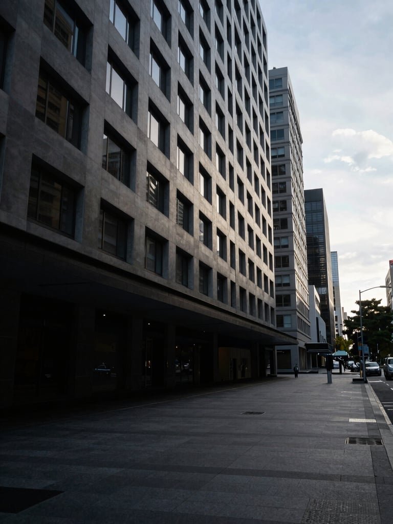 Wide environmental shot of a mid-rise commercial streetscape in a major Australian CBD at early morning, cool overcast sky, empty footpath, building facades in deep shadow with pale grey light catching upper floors, no people visible