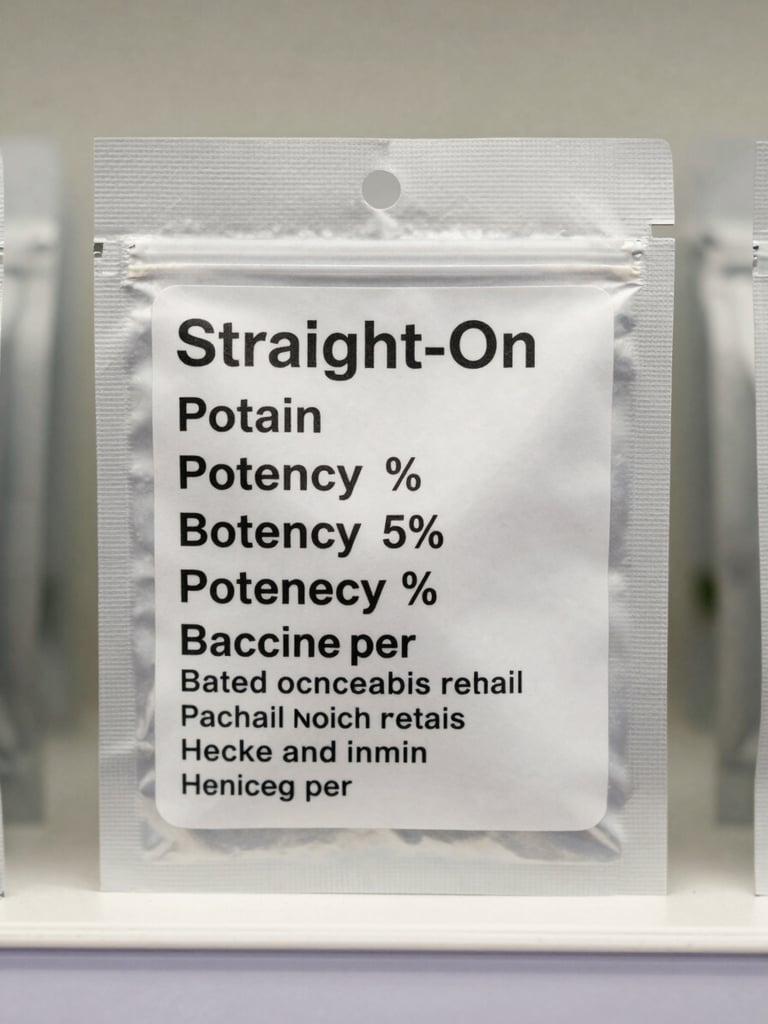Straight-on close-up of a cannabis retail product label showing potency percentage, batch number, and compliance text on a small rectangular package, bright even neutral lighting, label fully legible and centered in frame, no people, clean white shelf background