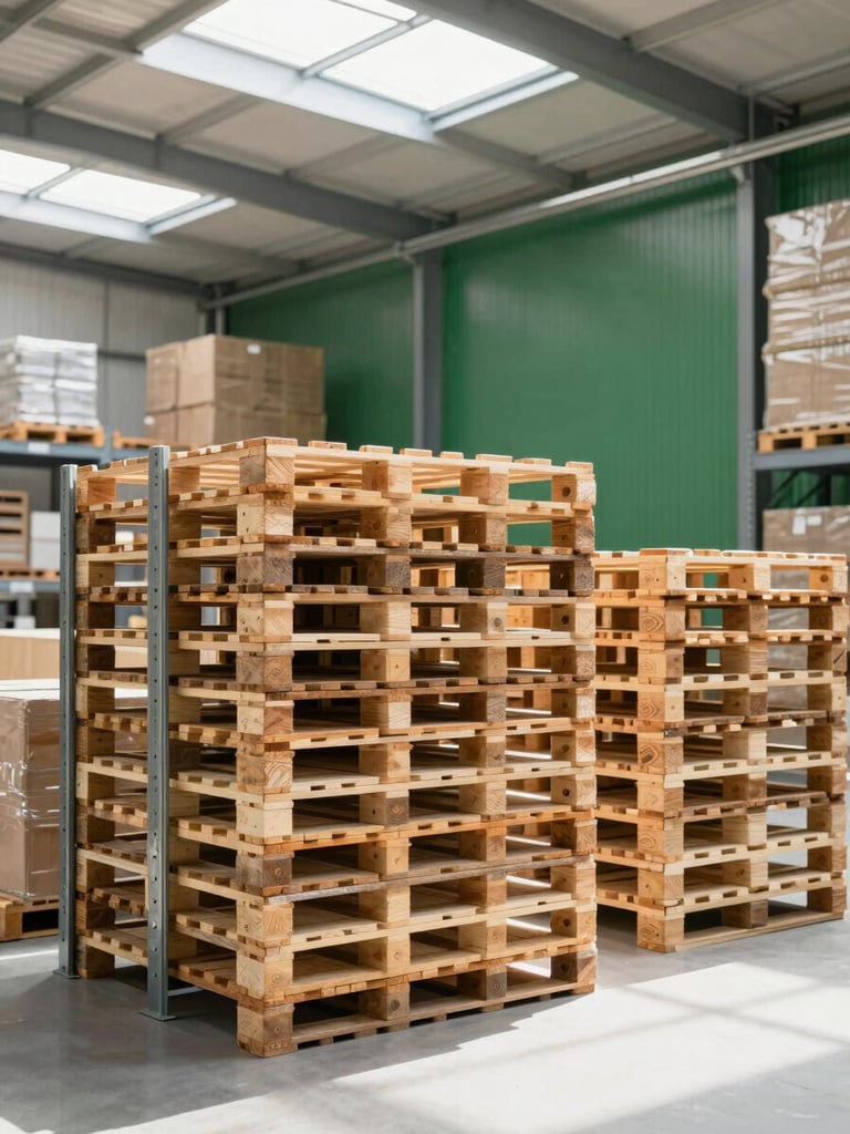 Clean modern warehouse interior with organized pallets stacked high on steel racks, bright daylight streaming through skylights, professional B2B environment