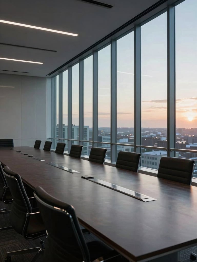 Wide panoramic view of a modern law firm boardroom at dusk — floor-to-ceiling glass windows to the right third, a long dark conference table receding into depth, cool north light casting geometric shadows across the surface, no people, architectural precision