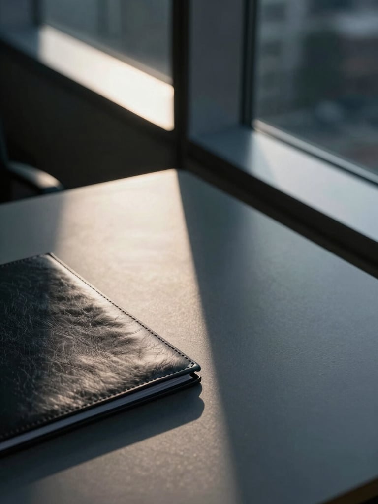 Extreme close-up of a dark glass-and-steel office corner at dawn, cool north-facing light slicing diagonally across a polished obsidian desk surface, a single leather-bound document folder at the lower left edge, geometric shadow lines dominating the composition, no human presence