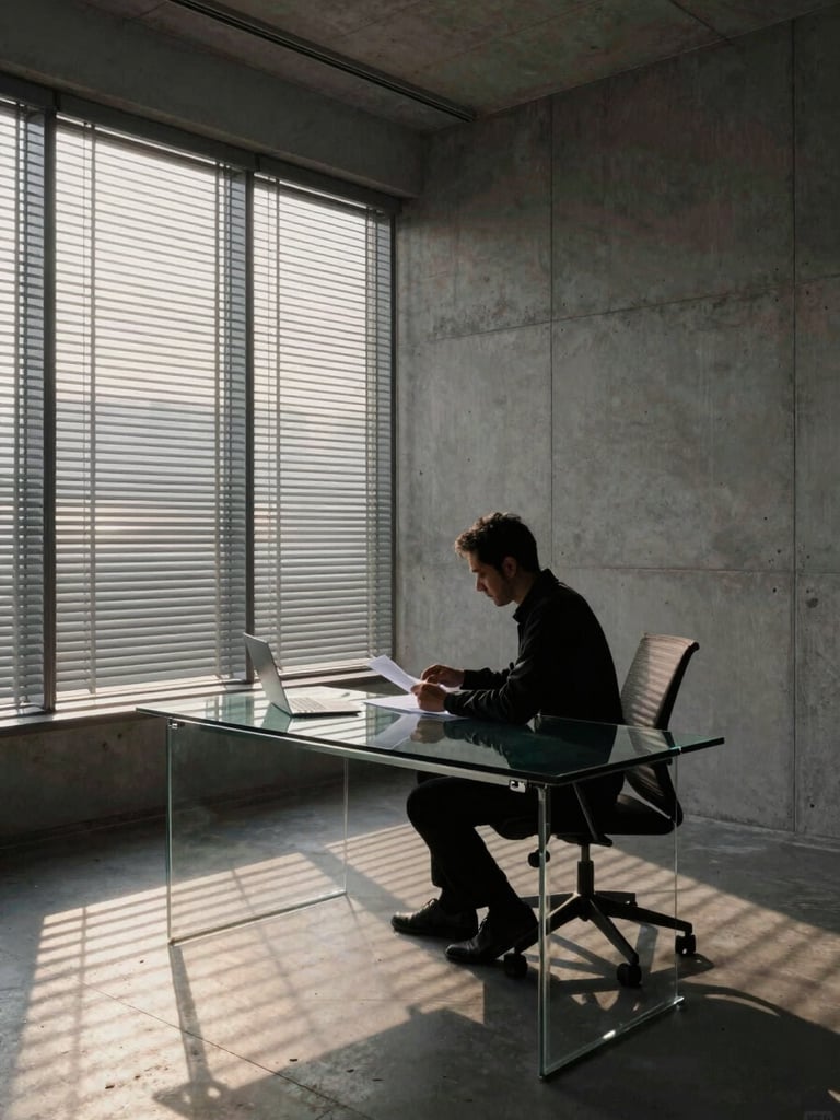 Corner office interior at dawn, a man's silhouette reviewing documents at a glass desk, steel and concrete walls, long shadows cast by early morning light through venetian blinds, no face visible, wide environmental framing