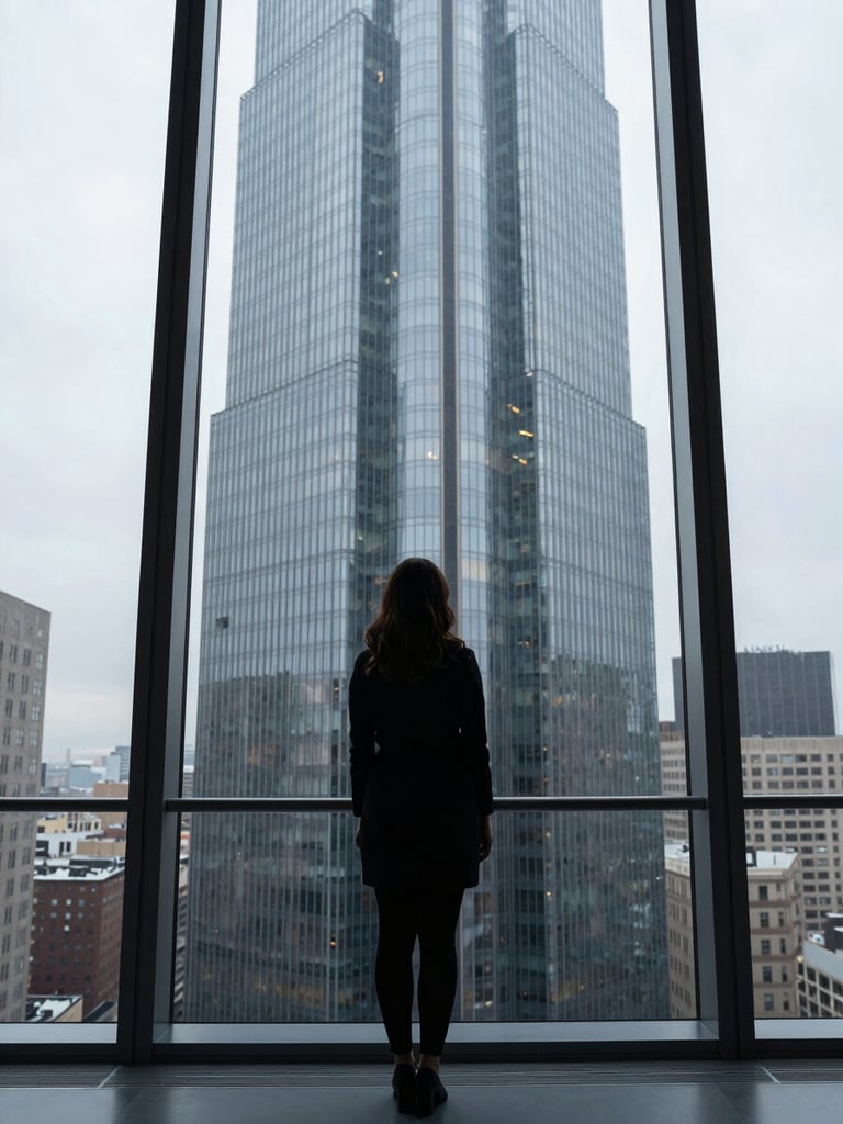Architectural interior of a high-rise law office, a woman's silhouette standing before a floor-to-ceiling window, city below, cool overcast light, sharp geometric reflections on glass, no face visible, editorial framing from behind