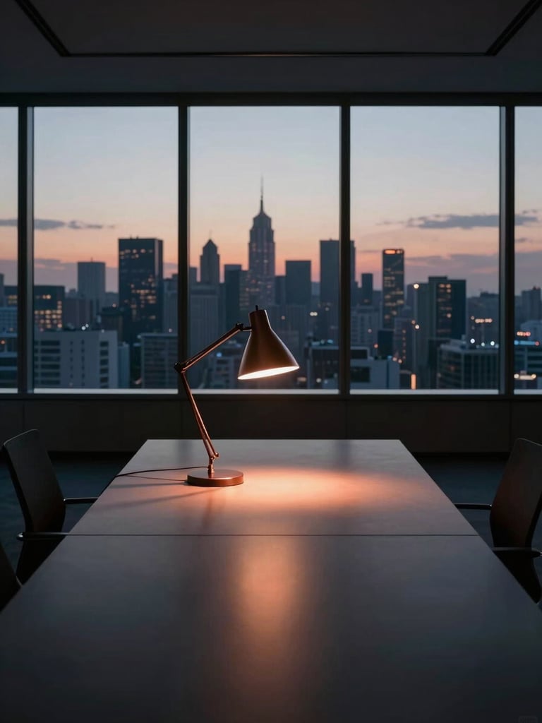 Wide shot of a minimalist executive office interior at dusk, floor-to-ceiling windows with a city skyline silhouette, a single architectural desk lamp casting a warm copper-toned cone of light onto a bare dark surface, strong geometric shadow geometry in foreground, no people