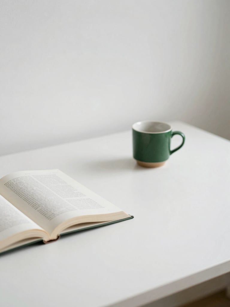 Minimalist desk space with open books, a ceramic cup, soft overcast daylight, clean lines, high depth of field, editorial photography