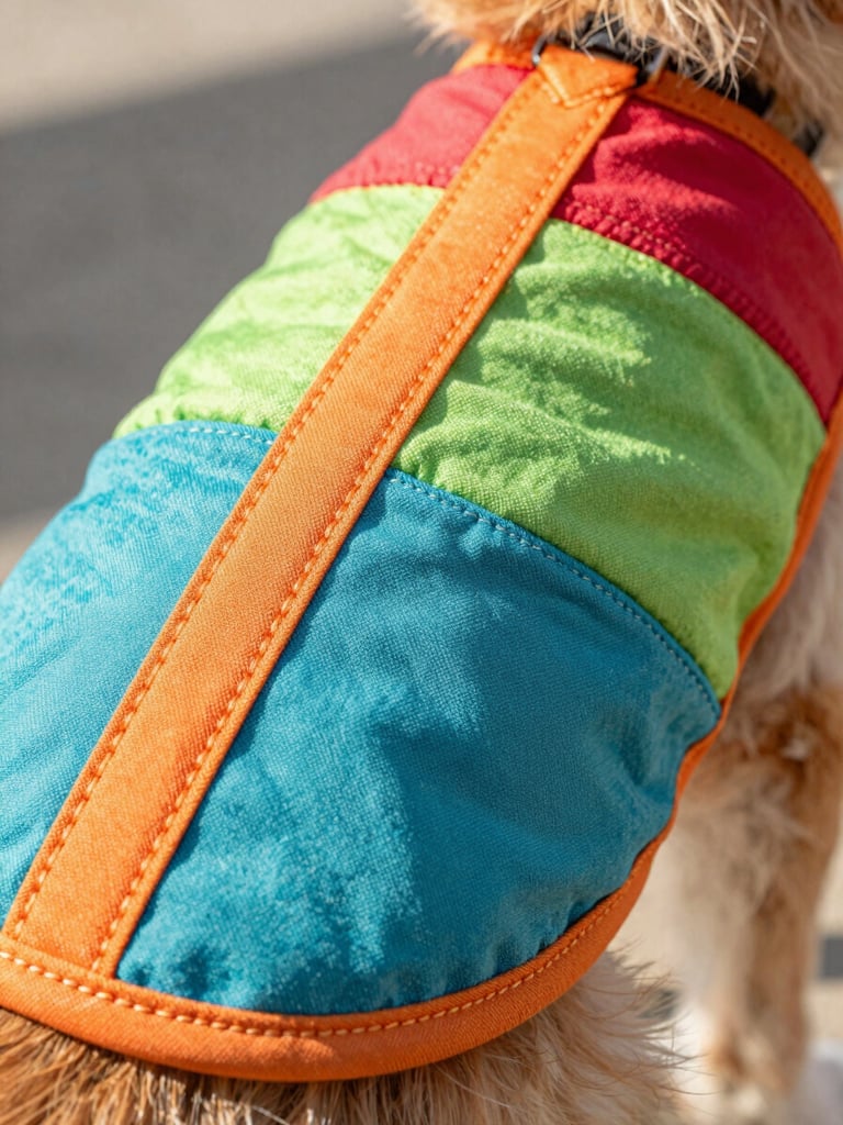 Detailed close-up of colorful hand-stitched pet clothing fabric, showing high quality seams and textures, bright natural light