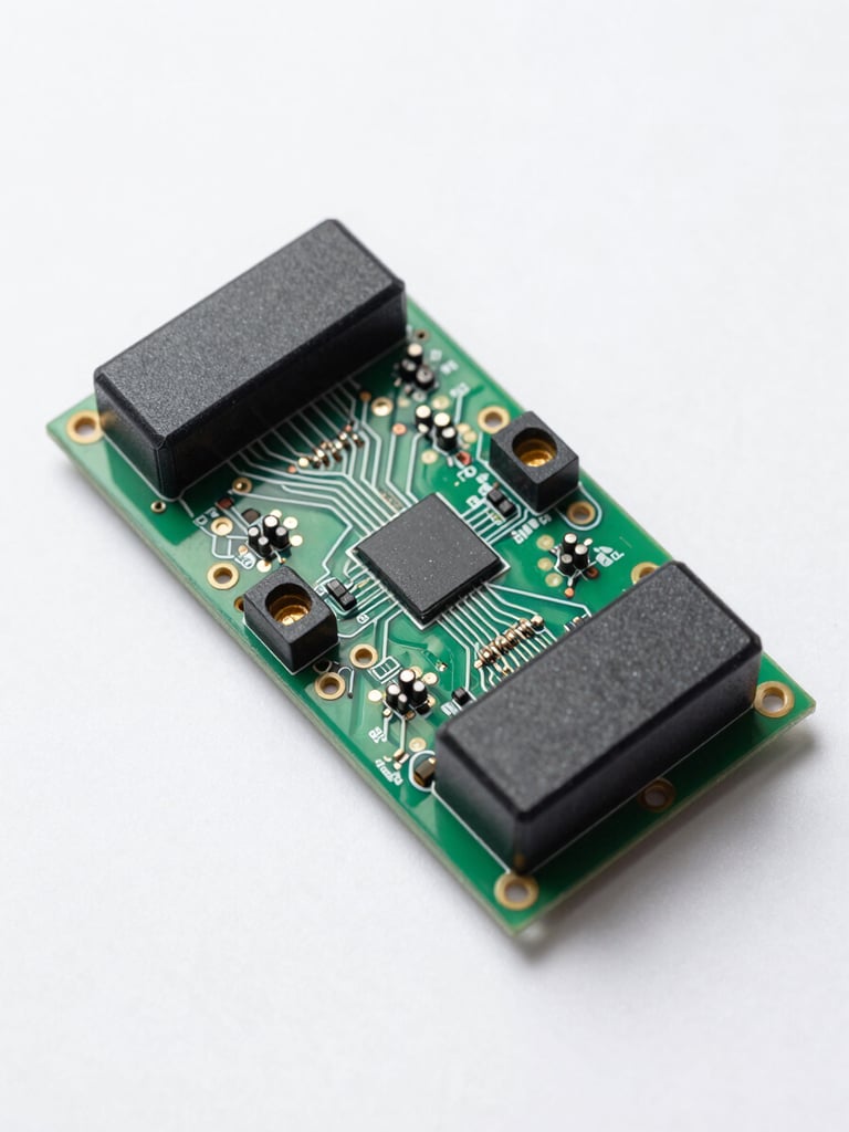Tight studio macro of a LPG ECU controller board mounted on a plain white surface, top-down overhead angle, circuit traces and gold-plated connector pins sharply lit by white north-facing daylight, no reflections, no background clutter