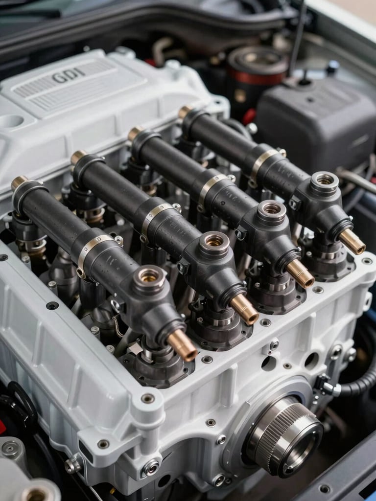 Close-up portrait frame of a GDI engine bay, fuel rail and high-pressure direct injectors in sharp focus against a white-painted engine block, studio-quality north-facing daylight, tight macro detail showing injector nozzle seats and rail fittings