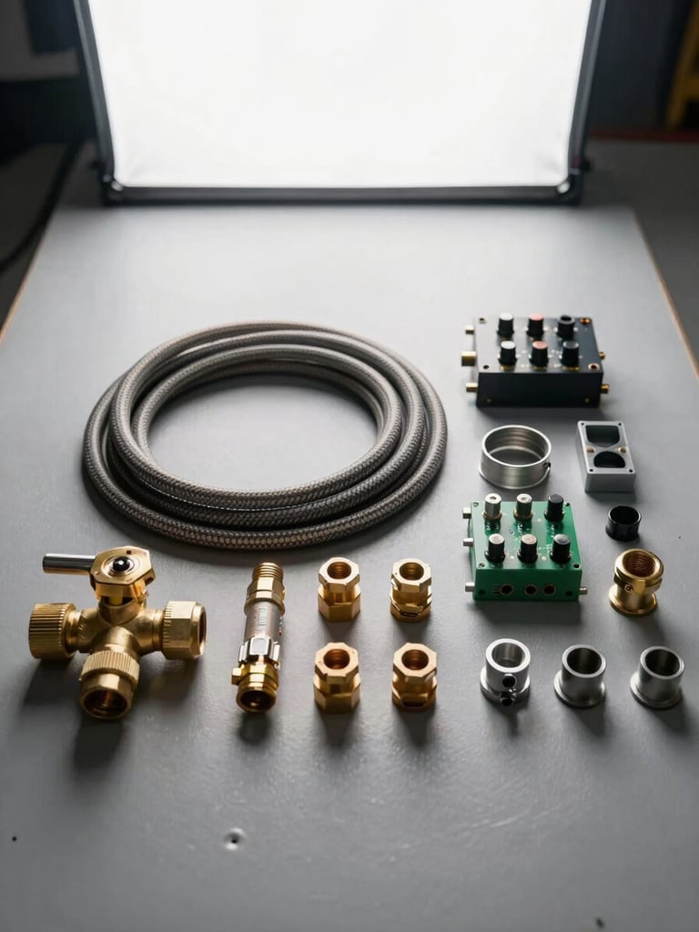 Medium shot of a complete LPG conversion accessory kit laid out on a grey workshop surface—coiled gas hose, brass valve, clamp set, emulator module, and fittings arranged in a tight organised grid, bright white studio light, sharp focus on component detail