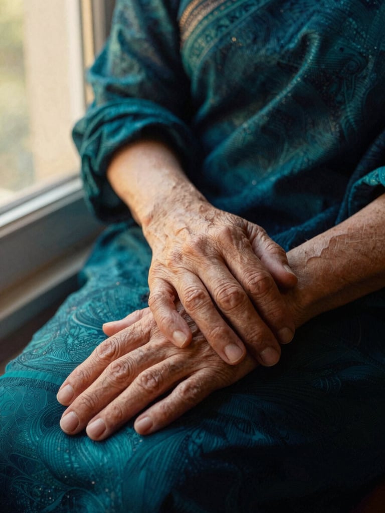 Close-up of gentle, aged hands resting peacefully in soft golden-hour window light, rich peacock teals and deep indigo tones, 35mm