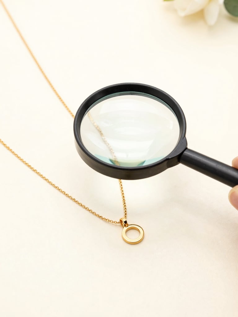 Bright high-key studio product photography of a gold necklace being inspected with a magnifying glass, clean off-white background, crisp studio light