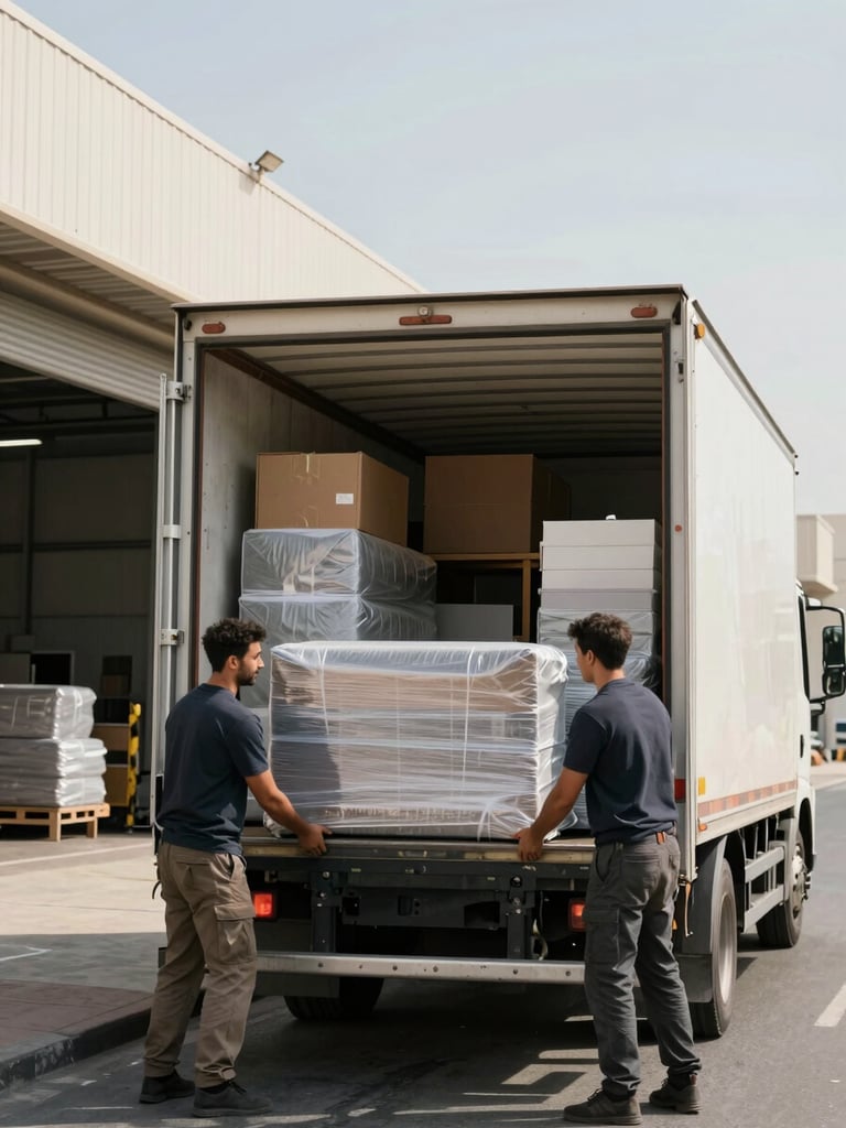 Wide environmental shot, natural daylight, two movers methodically loading wrapped furniture into a large white truck parked at a Dubai industrial street, truck interior organized with stacked boxes and padded items, open roller door visible on the right edge, expansive warehouse facade in background