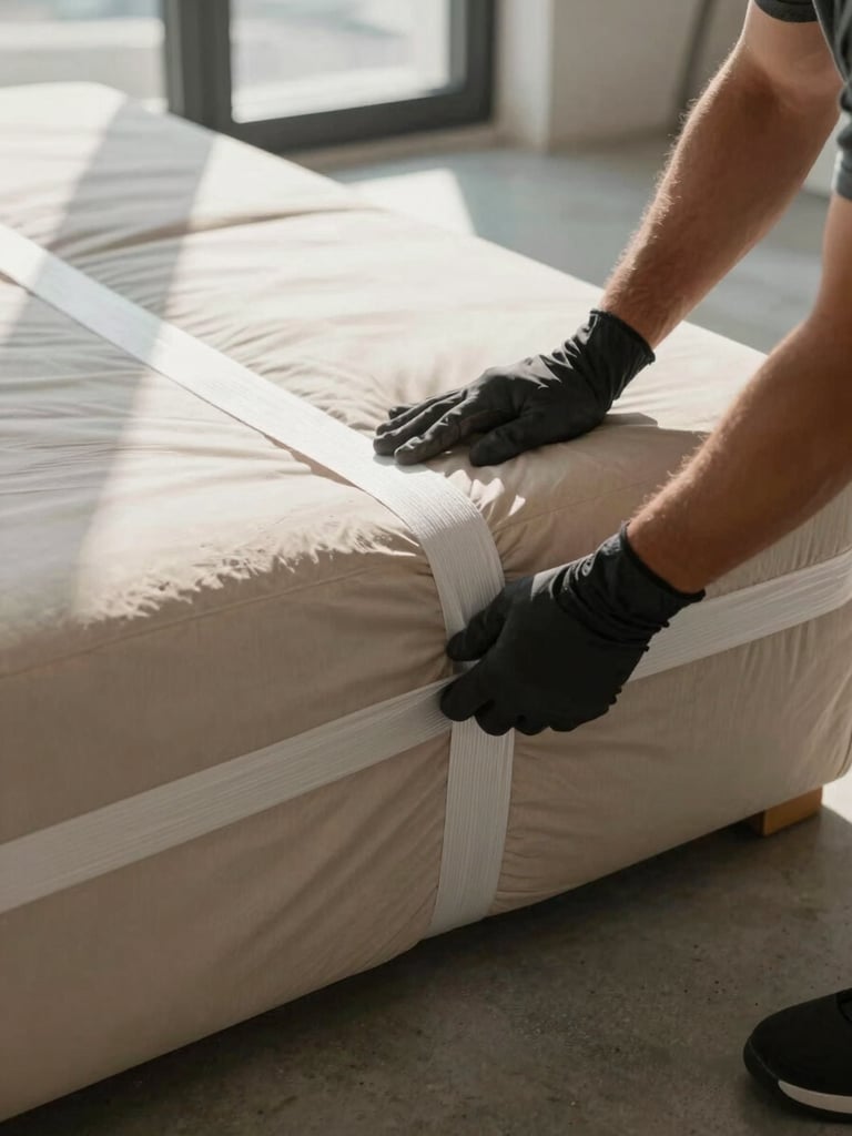 Close-up of two movers' gloved hands securing padded furniture wrap with nylon straps inside a Dubai apartment, natural window light casting soft shadows across the wrapped item, concrete floor visible below