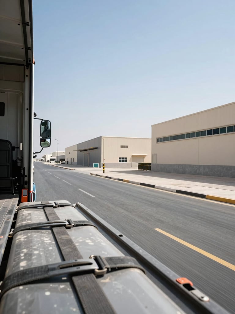 Wide-angle view from inside a Dubai moving truck cab looking out onto a bright industrial street in Al Quoz, cargo straps visible in the foreground, low-rise warehouse buildings lining the road under clear midday light