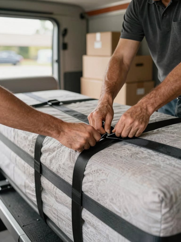 Close-up of a mover's hands tightening a heavy-duty securing strap across a wrapped sofa inside a truck, natural warehouse light from an open bay door, thick moving blankets visible underneath, organized stacked boxes in the background