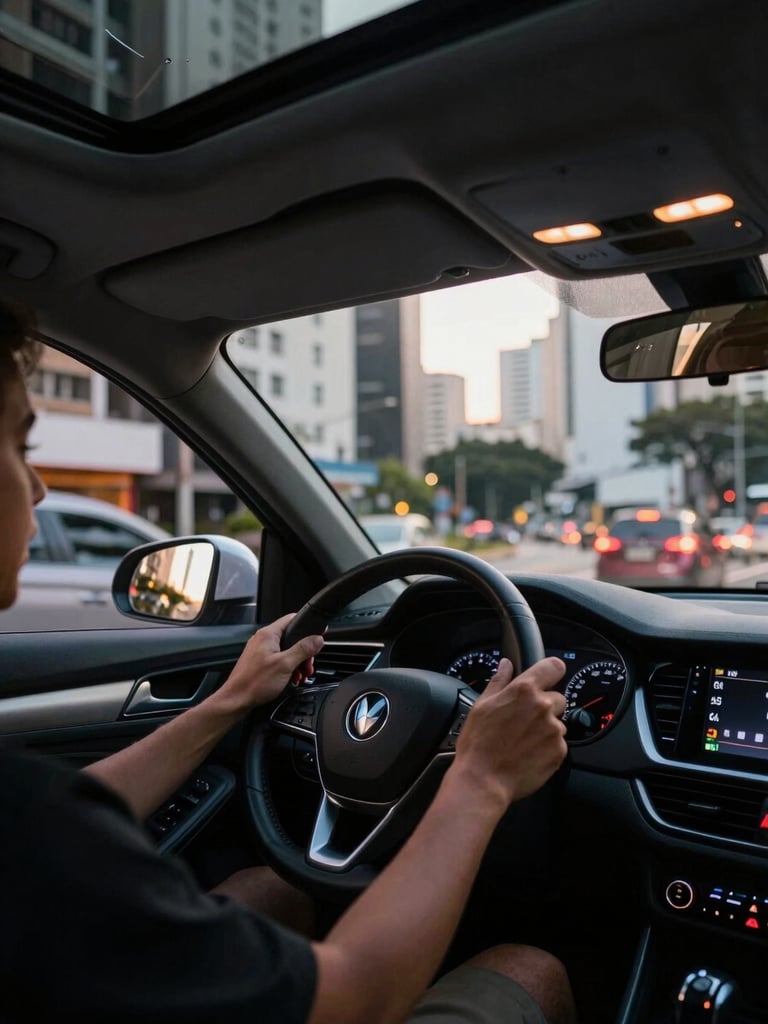 Motorista de aplicativo iniciando a jornada de trabalho, mãos no volante, painel do carro iluminado, luz suave do amanhecer entrando pela janela, com reflexos urbanos no para-brisa, São Paulo ao fundo.