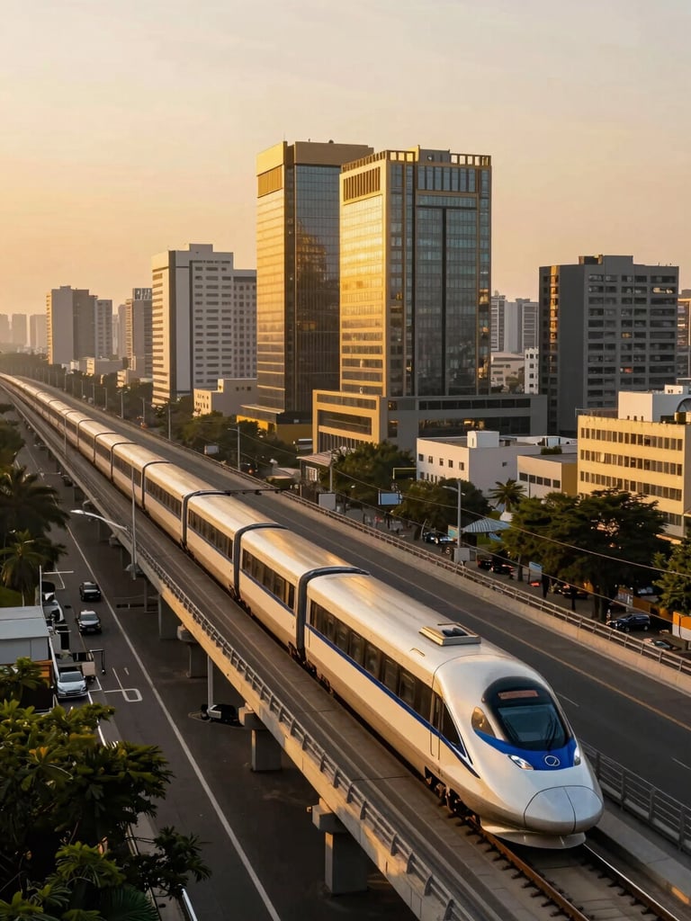 Modern high-speed highway and metro line infrastructure in Kanpur during golden hour, symbolizing rapid urban growth and real estate potential