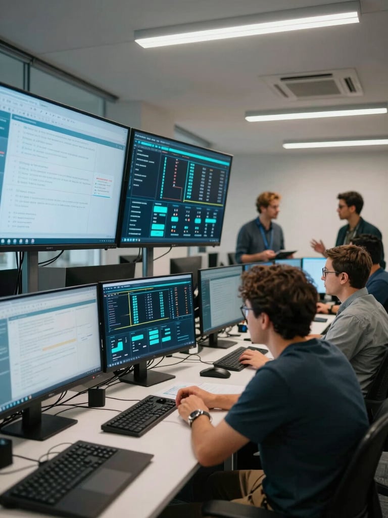 Wide shot of a collaborative war-room office environment — multiple large monitors displaying analytics dashboards and funnel data, team members in focused discussion around a standing desk, bright even overhead lighting, dark furniture, electric cyan screen glow reflecting on surfaces