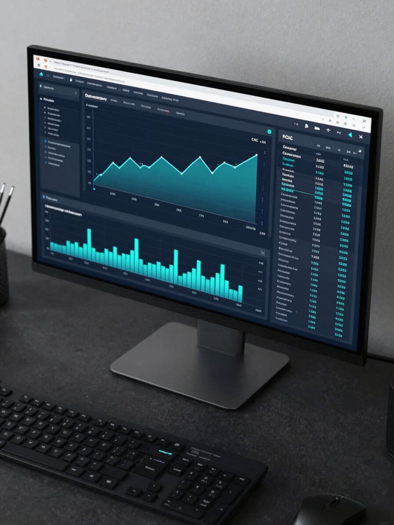 Close overhead shot of a widescreen monitor displaying a live marketing analytics dashboard — conversion funnel, CAC trend lines, and ROAS columns clearly visible — under bright even studio lighting, dark desk surface, electric cyan data highlights on screen