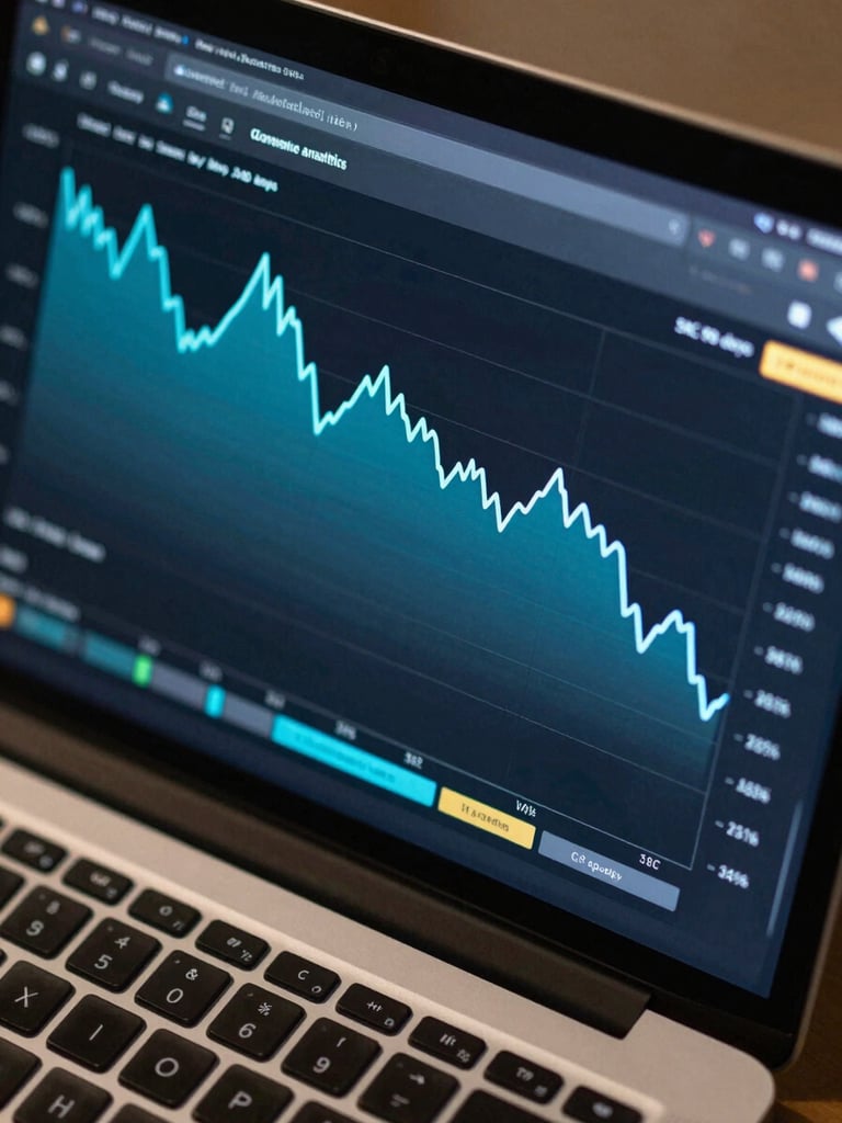 Close-up overhead shot of a laptop screen displaying an eCommerce analytics dashboard, electric cyan CAC trend line dropping 38% over 90 days, dark background, sharp studio lighting on the screen data