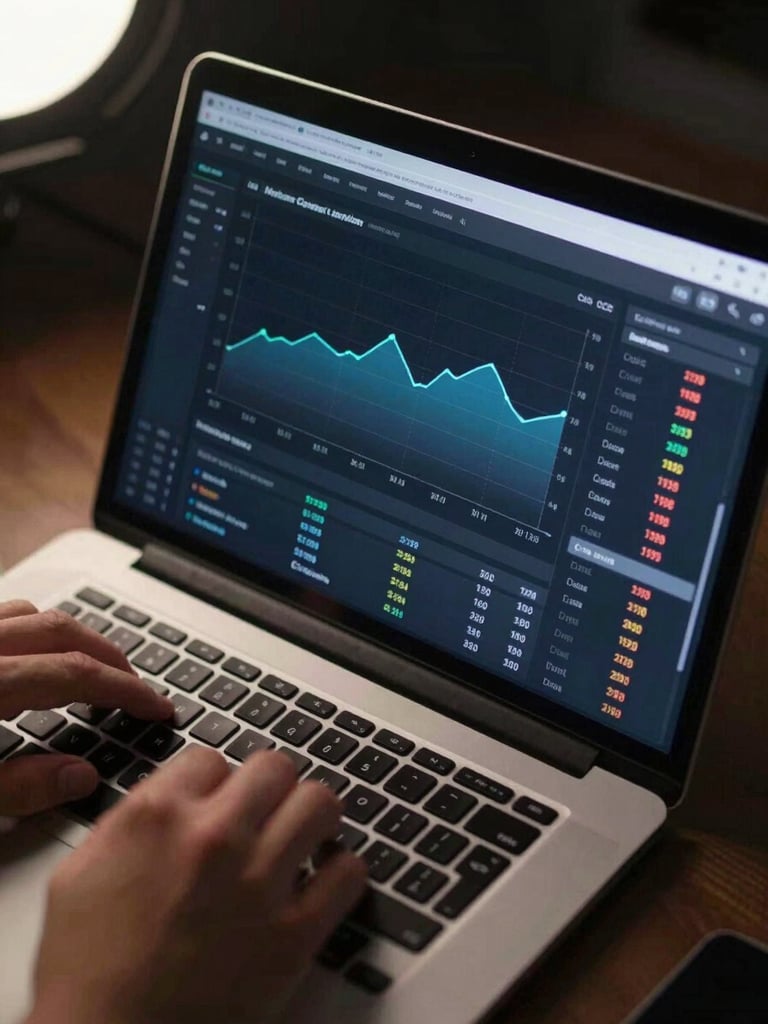 Overhead tight crop of a laptop screen displaying a live performance marketing dashboard — conversion funnel chart, CAC trend line, and revenue attribution numbers glowing on a dark UI, studio strobe lighting, no hands, sharp focus on data