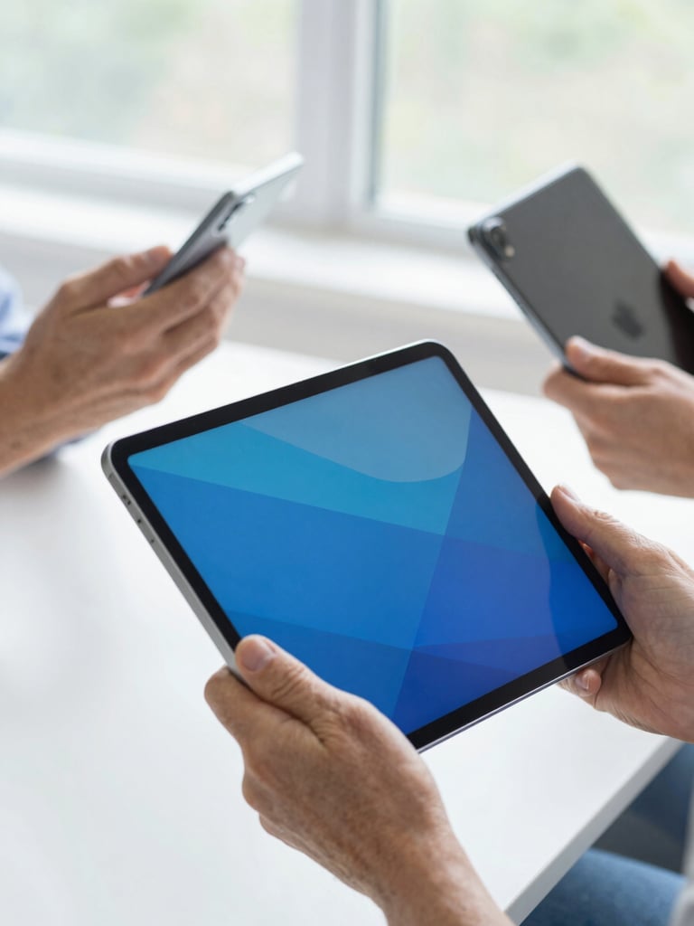 Close-up perspective of hands of different generations holding an Android tablet, bright natural window light, crisp slate and electric blue interface visible