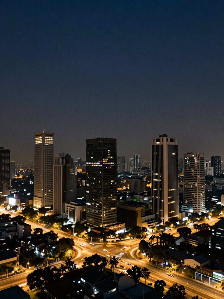 Wide panoramic Jakarta cityscape at twilight, modern architecture, abstract infrastructure, low horizon, premium editorial photography, deep navy and gold tones, 35mm
