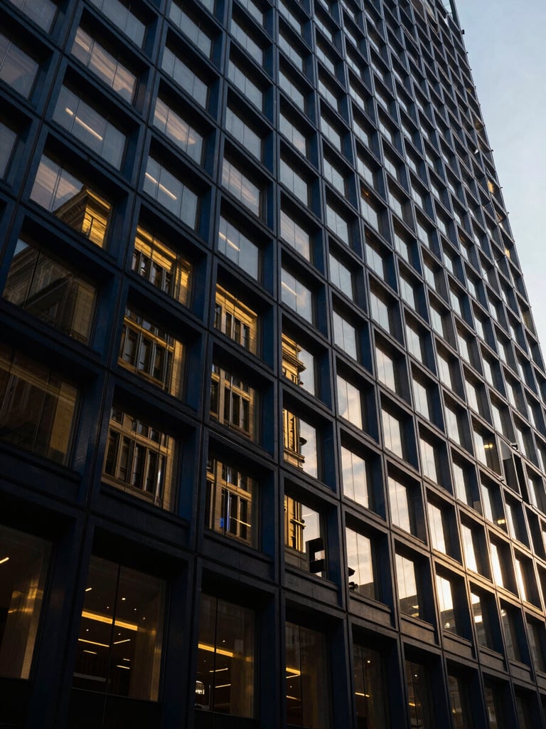 Abstract architectural lines of a modern financial building interior, high-contrast light and shadow, geometric patterns, reflecting surfaces, deep navy and warm gold accents.