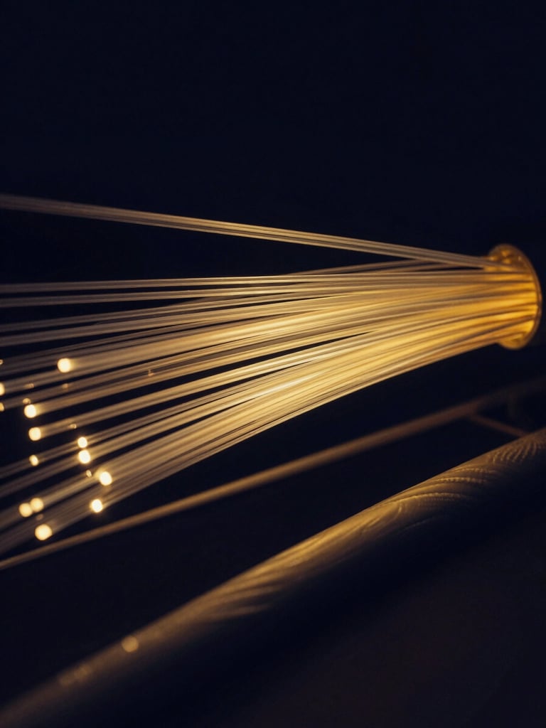 Abstract shot of fiber optic cables connecting, glowing lines, deep navy and gold tones, premium editorial photography, 35mm